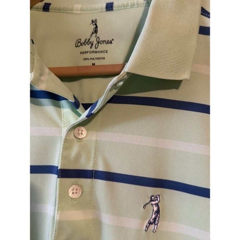 Bobby Jones Performance Golf Polo sz M green with blue stripes - Picture 3 of 3